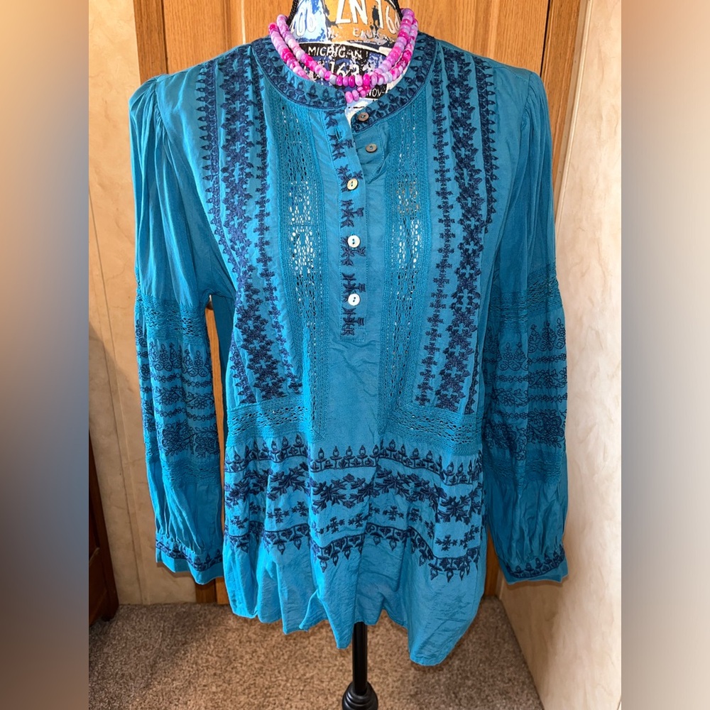 Sundance Blue Embellished Long Sleeve Polo Blouse